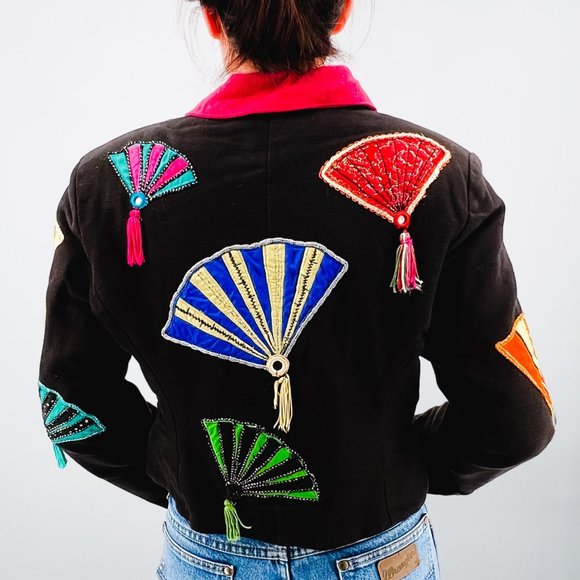 Vintage Anage Colorful Novelty Fan Button Up Jacket with Tassels - Size M - Picture 3 of 6